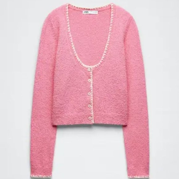 Zara Cropped Knit Crochet Trim Button Sweater Cardigan Pink Sz Small - Picture 3 of 8